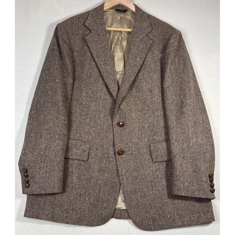 Asher‎ USA Made Sport Coat Mens 42R Brown Textured Tweed Leather Buttons